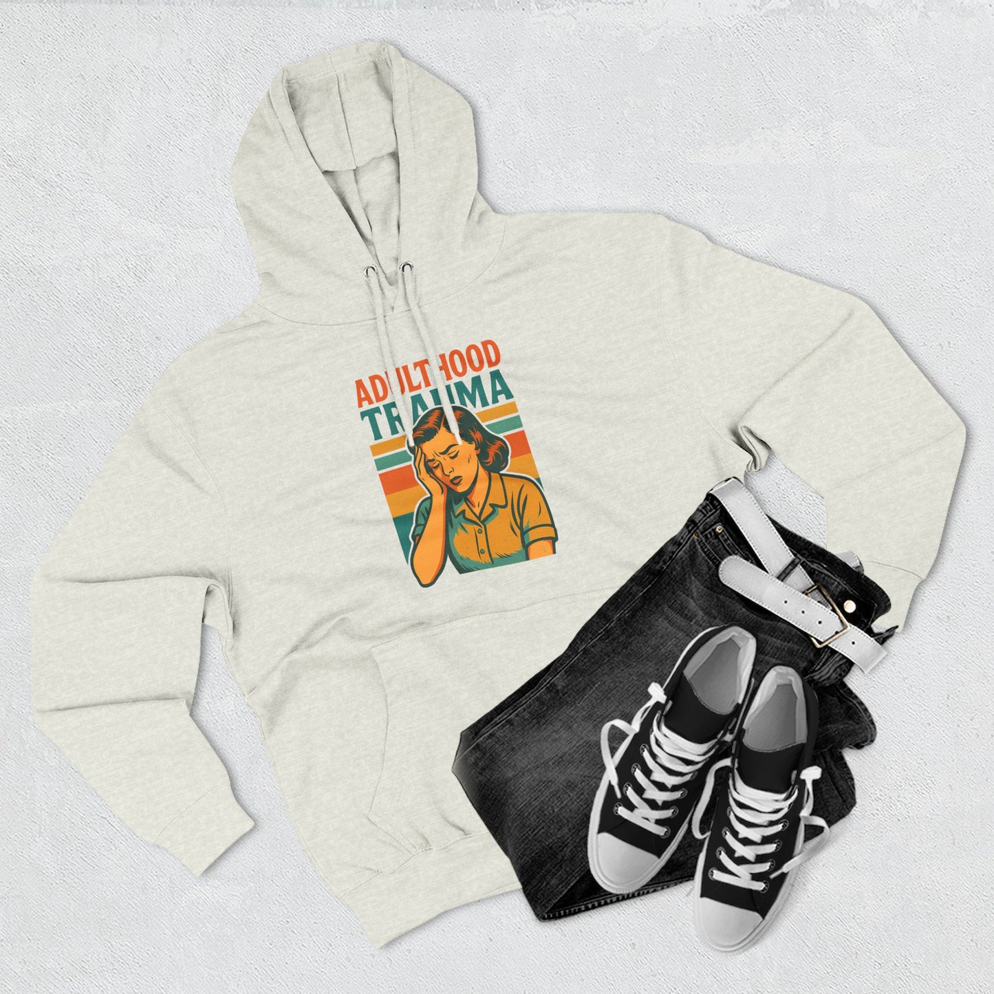 Adulthood Trauma Club Hoodie | Retro Comic Sweatshirt | Funny Burnout Therapy Pullover for Women | Vintage Sad Girl Mental Health